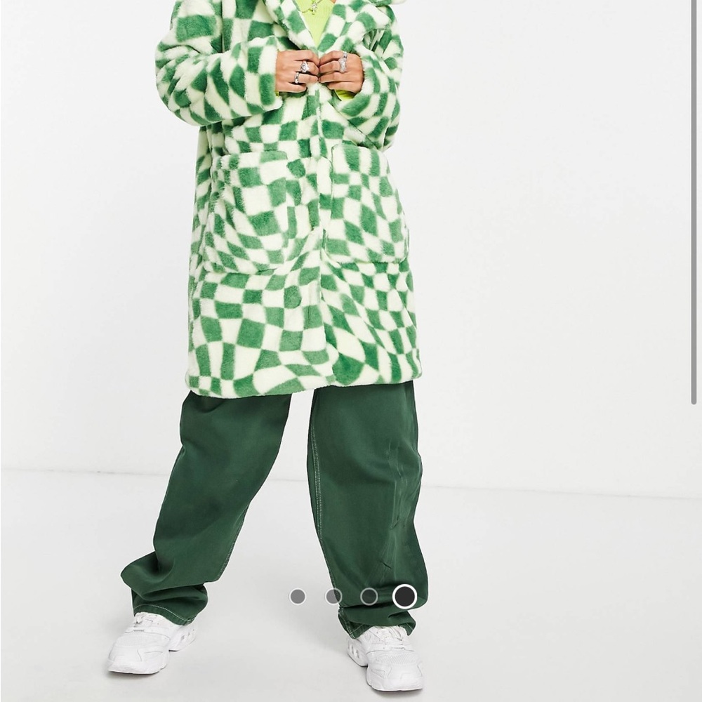 Daisy Street Green Checkered Faux Fur Coat